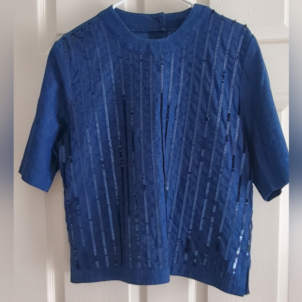 Howard Wolf Blue Denim 100% Cotton Short Sleeve Top with Sequin Stripes. Size 10